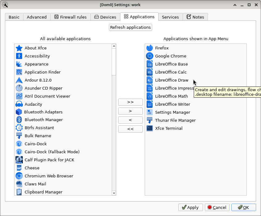 Qube settings showing icons of Apps