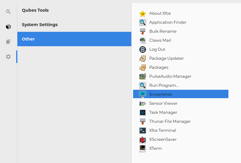 image of Qubes Menu with the page for Other tools open and the Screenshot tool highlighted
