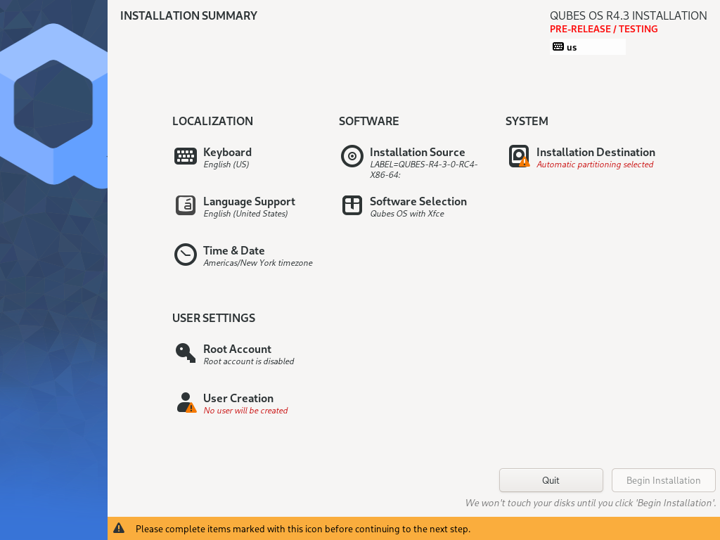 Installation summary screen awaiting input