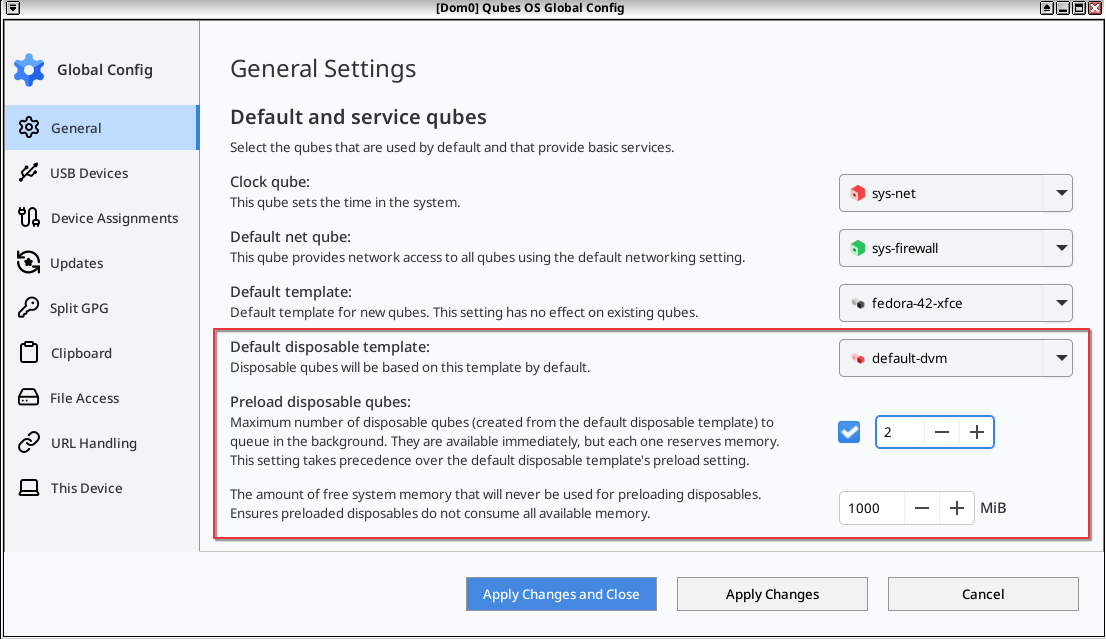 Global config window with preloaded disposables items emphasized and preload disposable setting configured to ``2``.